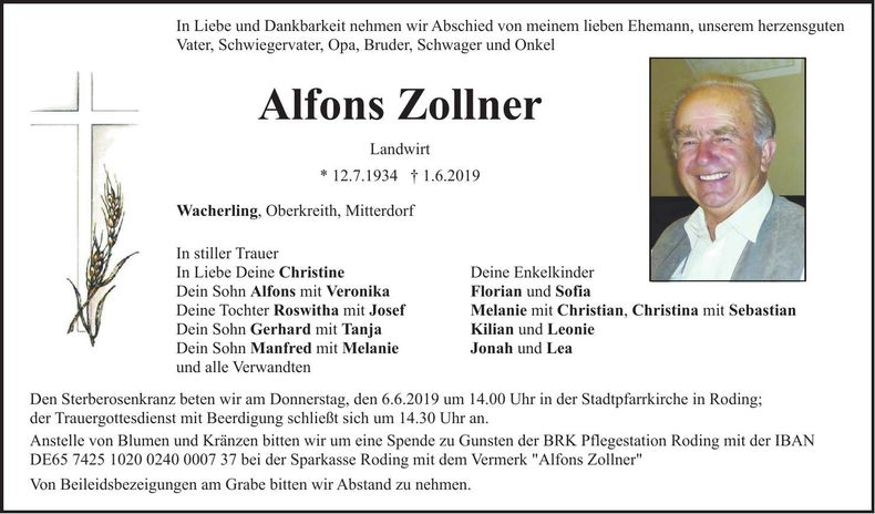 Traueranzeige Alfons Zollner