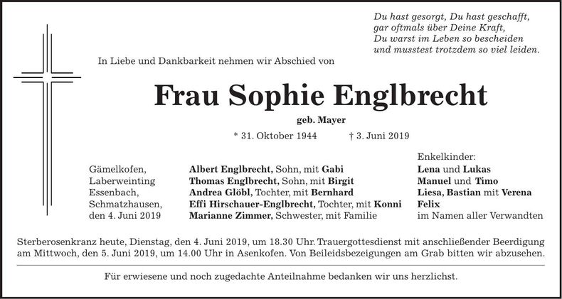 Traueranzeige Sophie Englbrecht