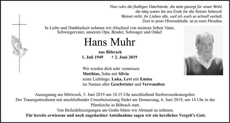Traueranzeige Hans Muhr