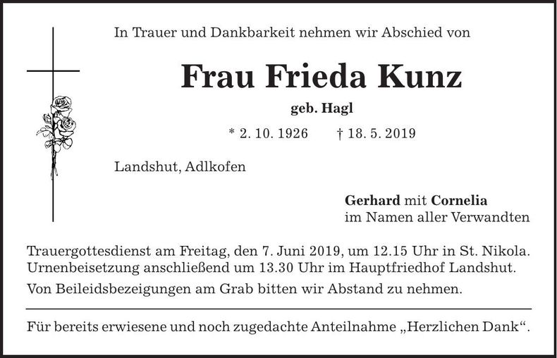 Traueranzeige Frieda Kunz