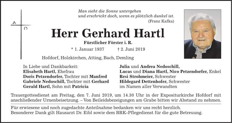 Traueranzeige Gerhard Hartl