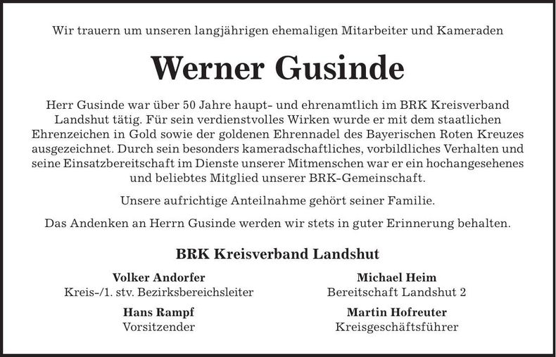 Traueranzeige Werner Gusinde