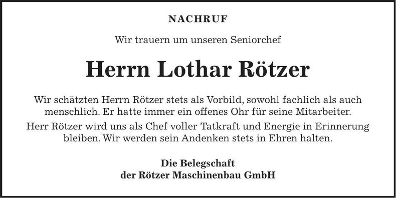 Traueranzeige Lothar Rötzer