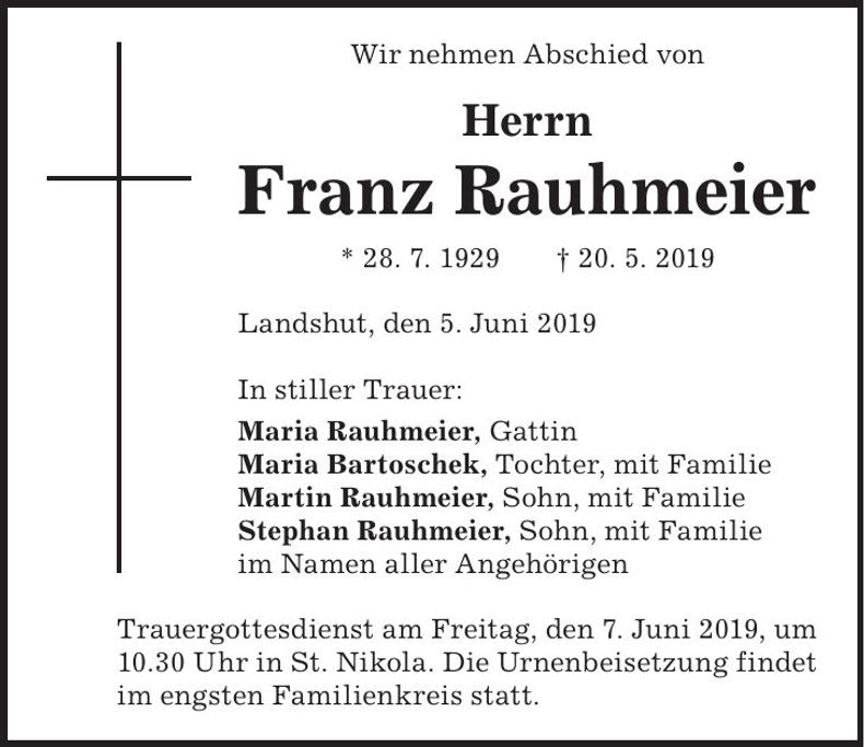 Traueranzeige Franz Rauhmeier