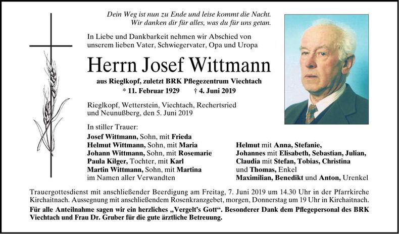 Traueranzeige Josef Wittmann