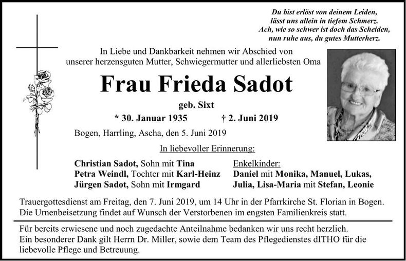 Traueranzeige Frieda Sadot