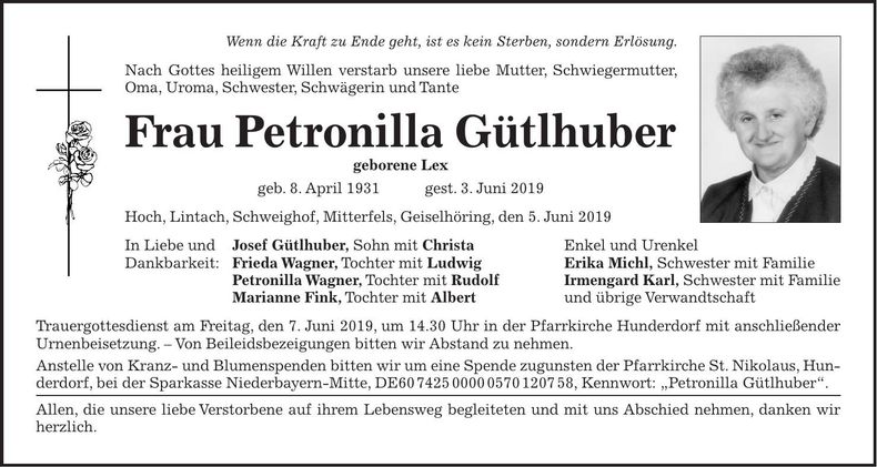Traueranzeige Petronilla Gütlhuber