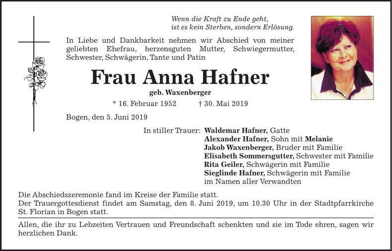 Traueranzeige Anna Hafner