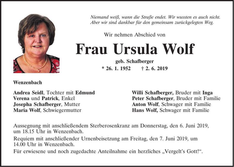 Traueranzeige Ursula Wolf