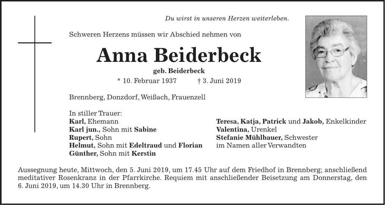 Traueranzeige Anna Beiderbeck