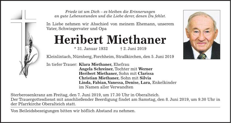 Traueranzeige Heribert Miethaner
