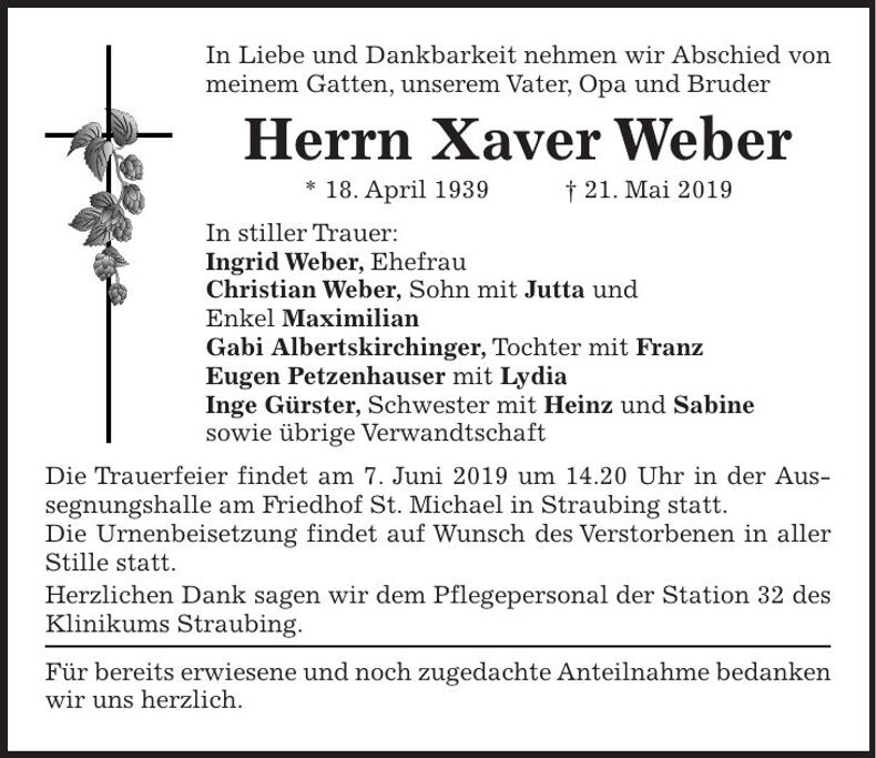 Traueranzeige Xaver Weber