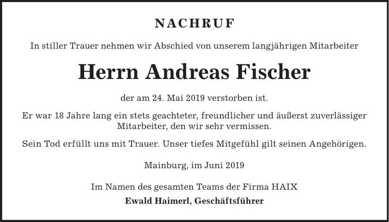 Traueranzeige Andreas Fischer