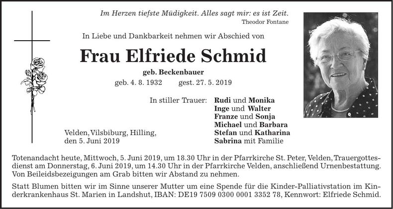 Traueranzeige Elfriede Schmid