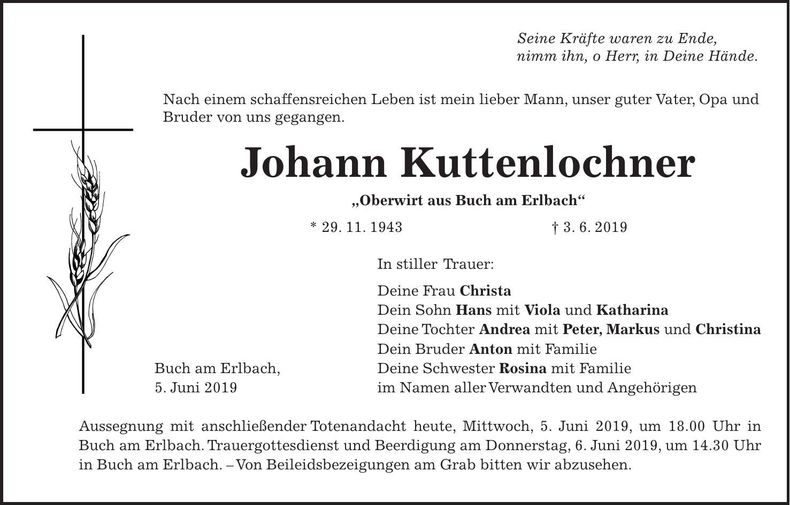 Traueranzeige Johann Kuttenlochner