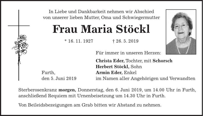 Traueranzeige Maria Stöckl