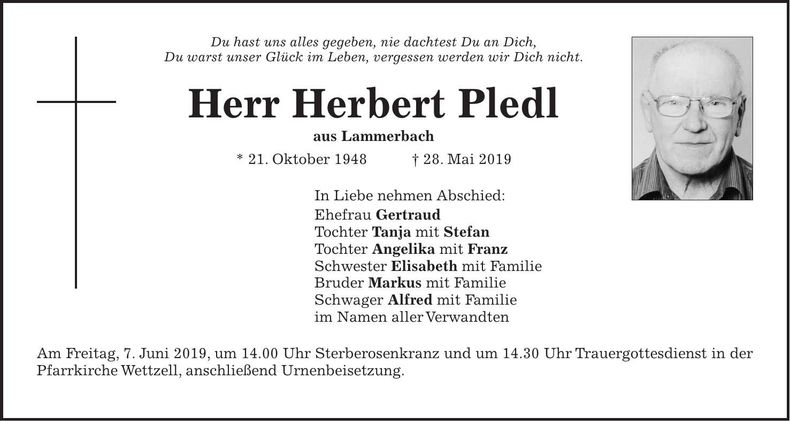 Traueranzeige Herbert Pledl