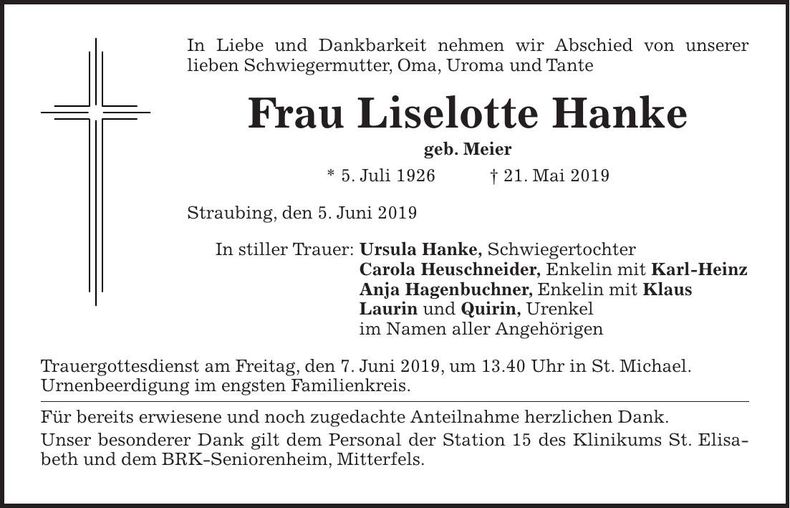 Traueranzeige Liselotte Hanke