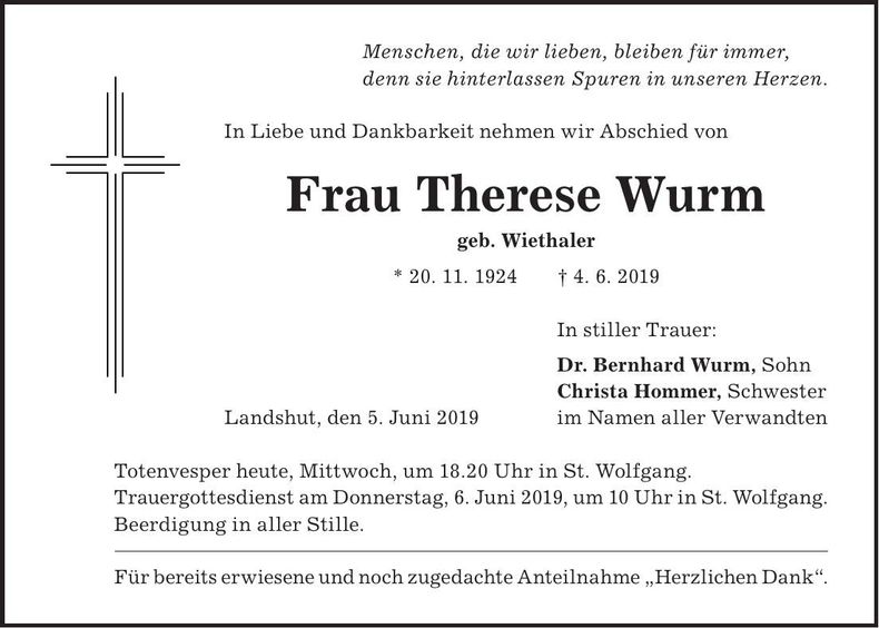 Traueranzeige Therese Wurm