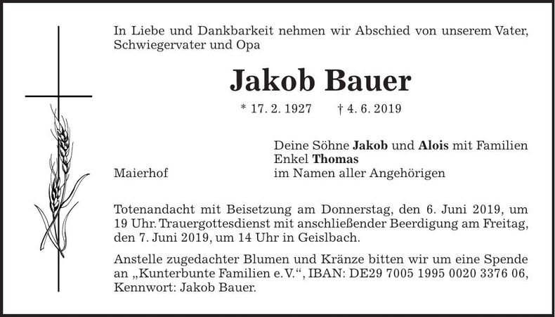 Traueranzeige Jakob Bauer