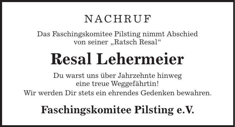 Traueranzeige Resal Lehermeier