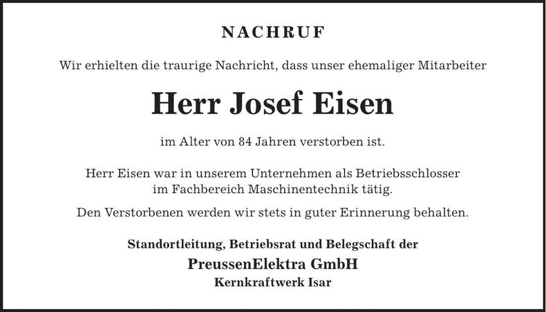 Traueranzeige Josef Eisen