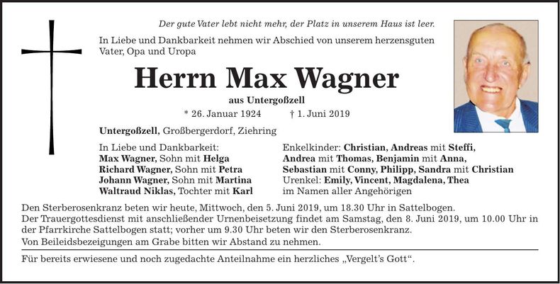 Traueranzeige Max Wagner