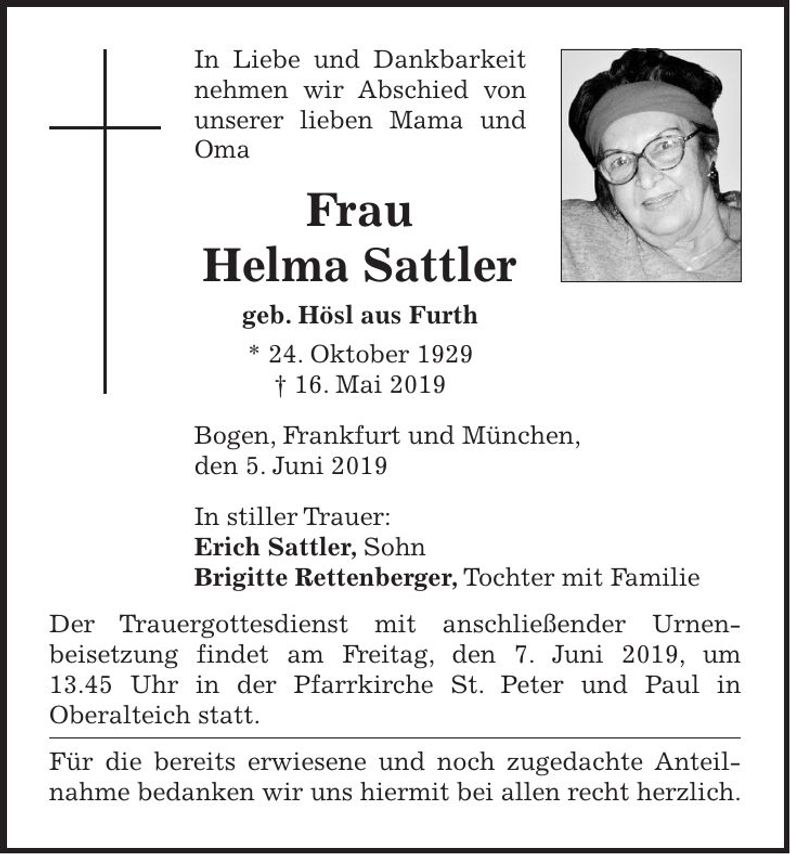 Traueranzeige Wilhelmine Sattler