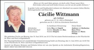 Traueranzeige Cäcilie Wittmann