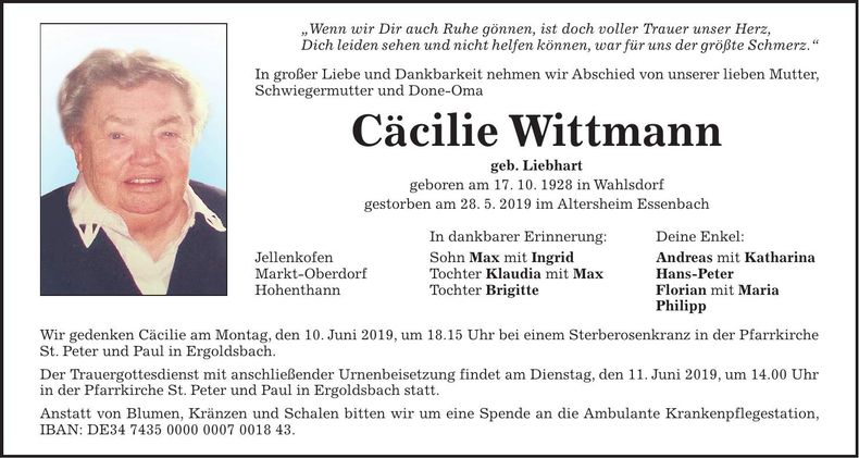Traueranzeige Cäcilie Wittmann