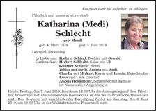 Traueranzeige Katharina Schlecht