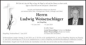 Traueranzeige Ludwig Woisetschläger