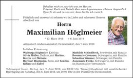 Traueranzeige Maximilian Höglmeier