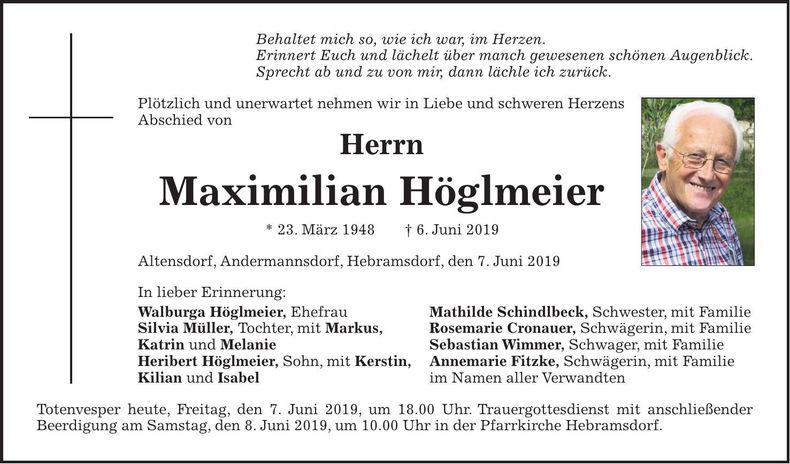 Traueranzeige Maximilian Höglmeier