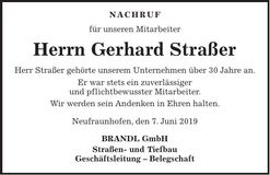 Traueranzeige Gerhard Straßer