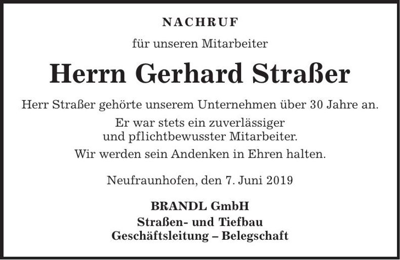 Traueranzeige Gerhard Straßer
