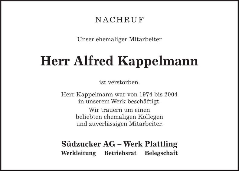Traueranzeige Alfred Kappelmann
