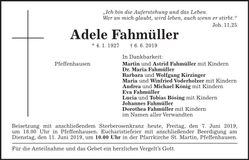 Traueranzeige Adele Fahmüller