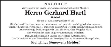 Traueranzeige Gerhard Hartl