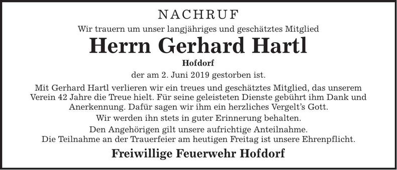 Traueranzeige Gerhard Hartl