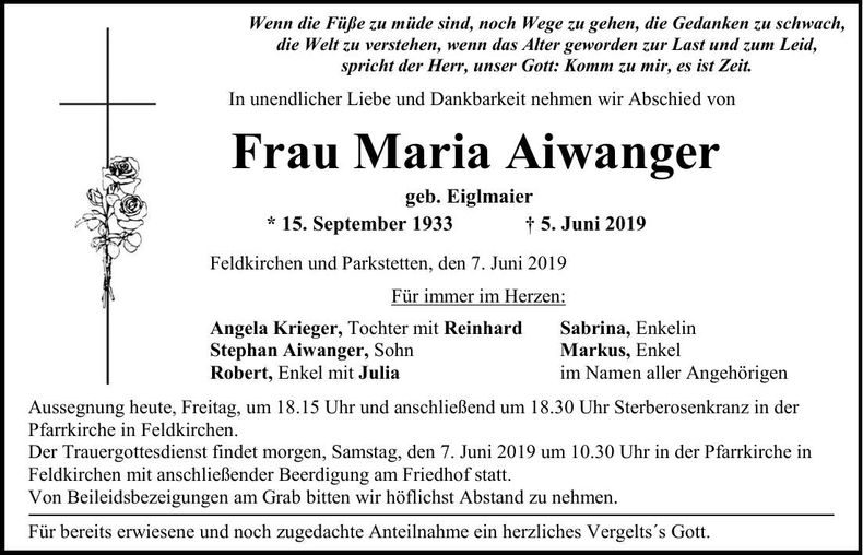 Traueranzeige Maria Aiwanger