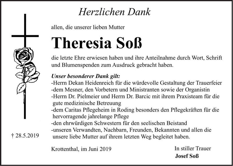 Traueranzeige Theresia Soß