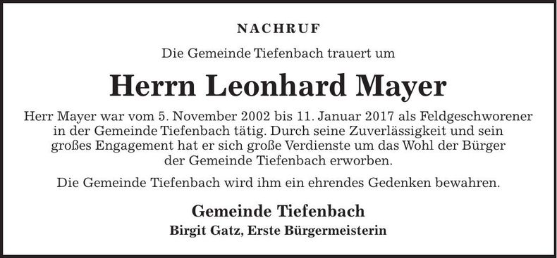Traueranzeige Leonhard Mayer