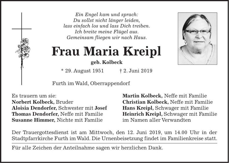 Traueranzeige Maria Kreipl