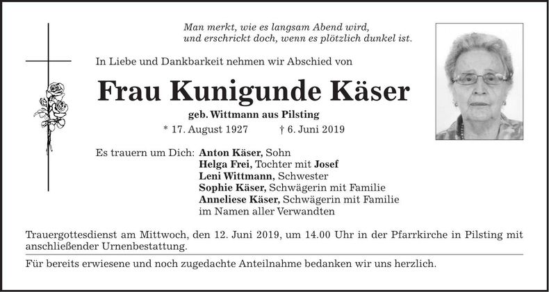 Traueranzeige Kunigunde Käser