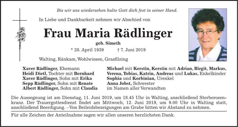 Traueranzeige Maria Rädlinger