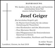 Traueranzeige Josef Geiger