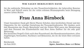 Traueranzeige Anna Birnbeck