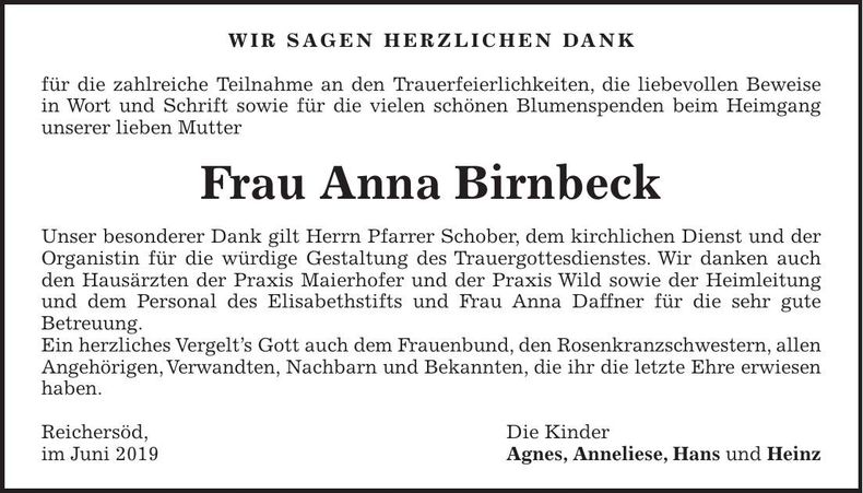Traueranzeige Anna Birnbeck
