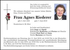 Traueranzeige Agnes Riederer
